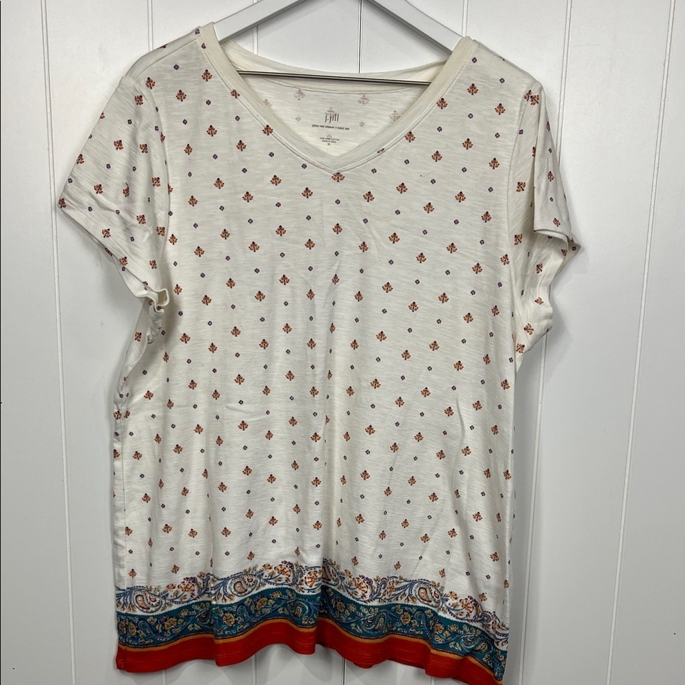 J. Jill Womens Pima Cotton Tee XL White Turquoise Orange Floral Cap Sleeves EUC